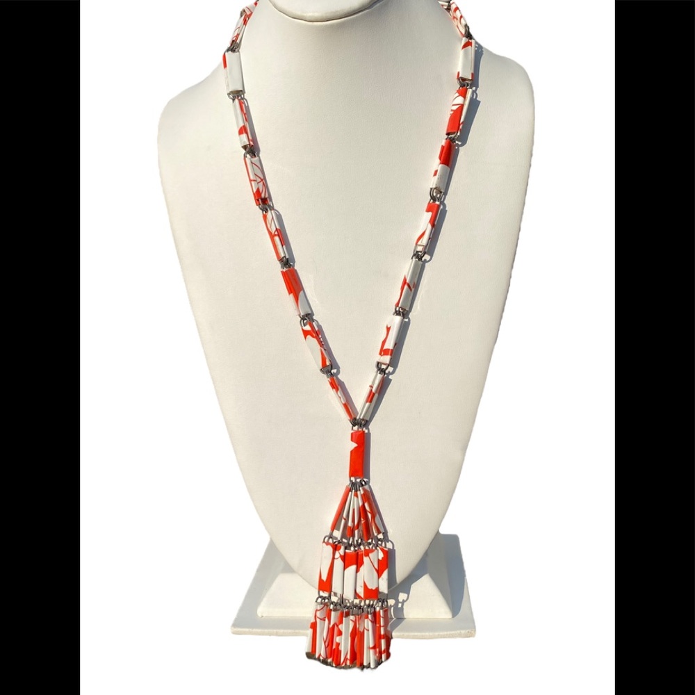 36” Handcrafted Artsy Wrapped Paperclip Necklace Shiny Orange White - Picture 3 of 8